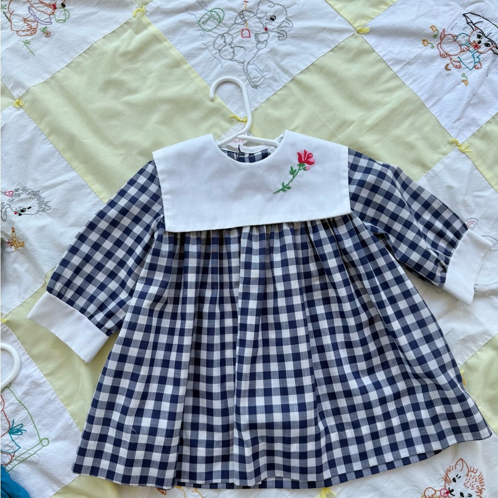 Vintage Navy Checkered Baby Dress with Floral Embroidery collar